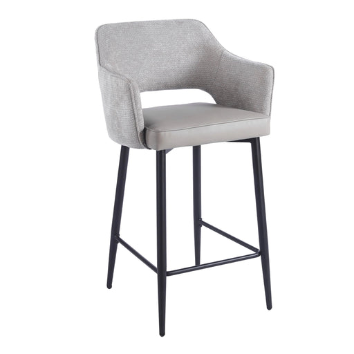 Macey Counter Stool featuring a gray fabric backrest, a smooth padded seat, and four thin black metal legs with a footrest.