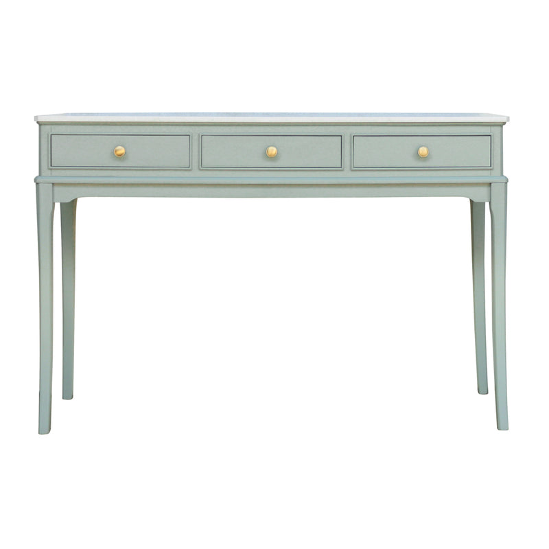 The Monroe Large Console Table features light blue color, three drawers with round gold knobs, and slender tapered legs. Its simple, elegant design adds charm to any space.