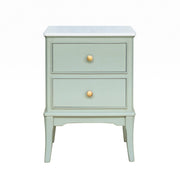 The Monroe Locker is a light green wooden nightstand with two drawers, each featuring round, light knobs. It stands elegantly on four tapered legs and offers a stylish accent to any space.
