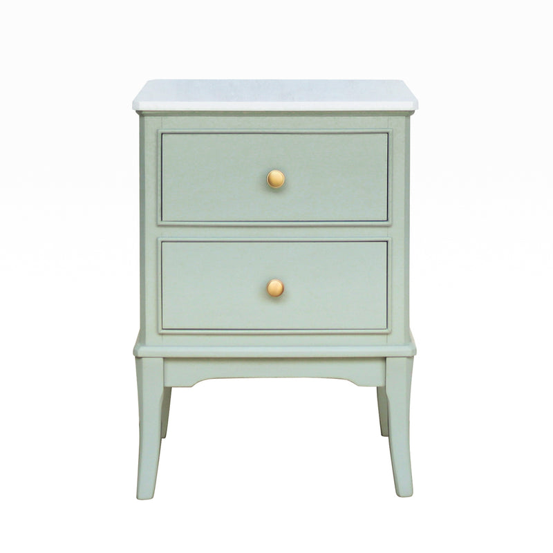 The Monroe Locker is a light green wooden nightstand with two drawers, each featuring round, light knobs. It stands elegantly on four tapered legs and offers a stylish accent to any space.