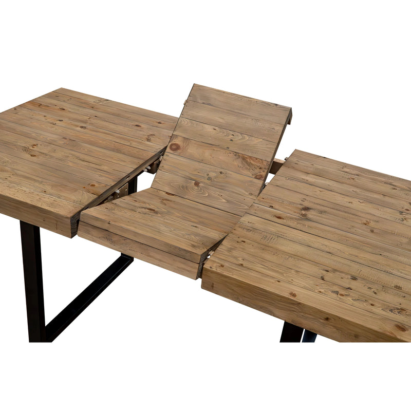 The Oregan Extending Table features reclaimed wood with a raised center section, natural wood finish, and sleek black metal legs—an eco-friendly design that adds unique style to any space.