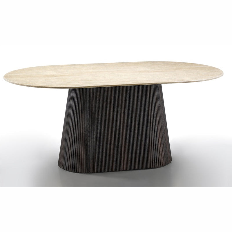 The Athens Coffee Table features an oval light wood top and a wide, dark textured pedestal base that tapers toward the top, showcased against a plain white background.
