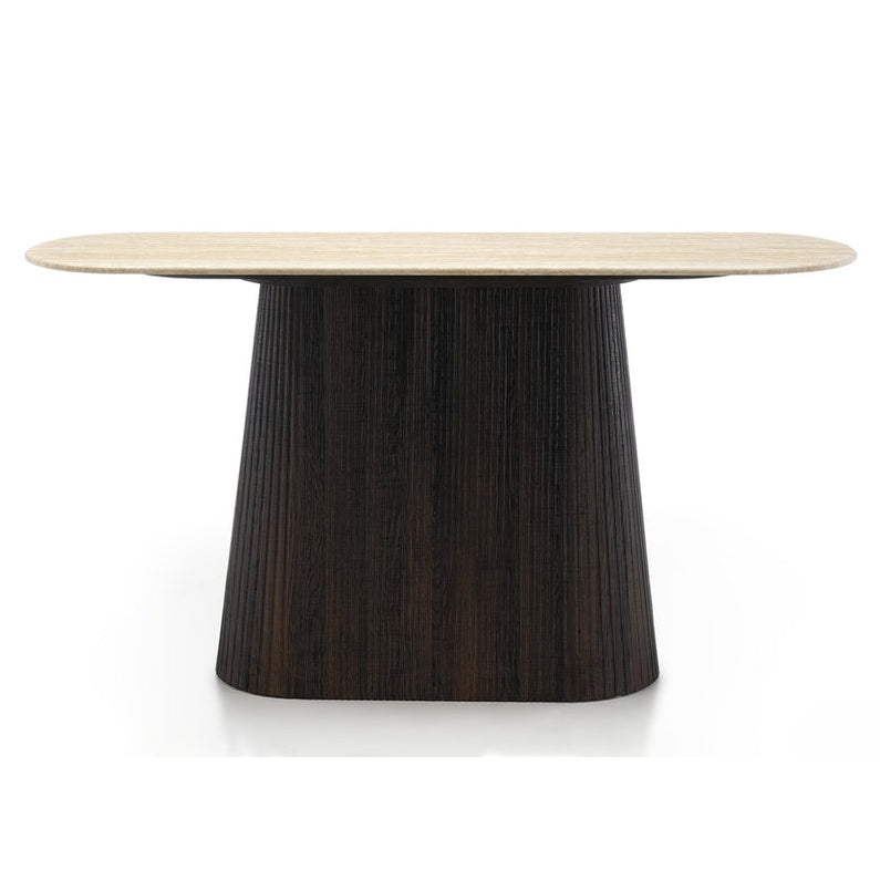 The Athens Console Table features an oval light marble top and a wide, dark textured pedestal base, shown against a white background.