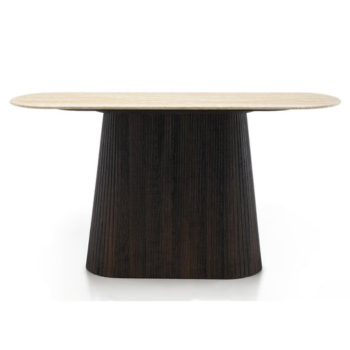 The Athens Console Table features an oval light marble top and a wide, dark textured pedestal base, shown against a white background.