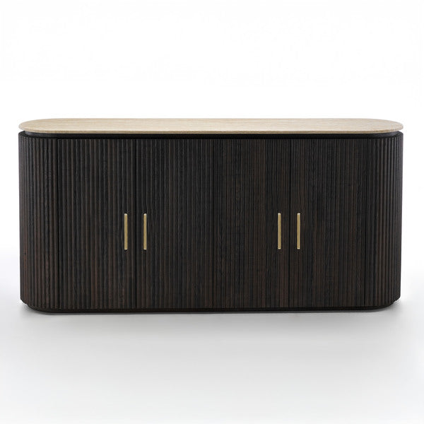 The Athens Sideboard has a marble top, ribbed fronts and sides in rich dark wood, four gold-colored handles on cabinet doors, all highlighted against a white background.