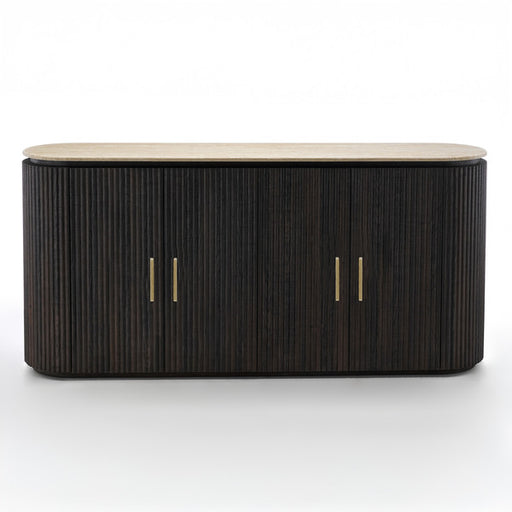 The Athens Sideboard has a marble top, ribbed fronts and sides in rich dark wood, four gold-colored handles on cabinet doors, all highlighted against a white background.