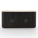 The Athens Sideboard has a marble top, ribbed fronts and sides in rich dark wood, four gold-colored handles on cabinet doors, all highlighted against a white background.