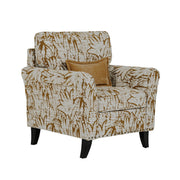 The Pippa Accent Chair showcases a beige and brown abstract leaf-patterned fabric, dark wood legs, and a matching square throw pillow—offering a stylish accent for any room.