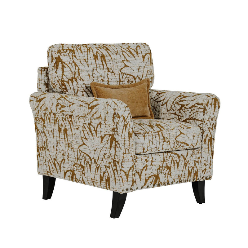 The Pippa Accent Chair showcases a beige and brown abstract leaf-patterned fabric, dark wood legs, and a matching square throw pillow—offering a stylish accent for any room.