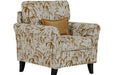 The Pippa Accent Chair showcases a beige and brown abstract leaf-patterned fabric, dark wood legs, and a matching square throw pillow—offering a stylish accent for any room.
