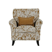 Front view of the Pippa Accent Chair, featuring a brown and white abstract leaf pattern, curved arms, black legs, and a coordinating brown accent pillow.