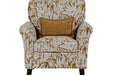 Front view of the Pippa Accent Chair, featuring a brown and white abstract leaf pattern, curved arms, black legs, and a coordinating brown accent pillow.