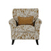 Front view of the Pippa Accent Chair, featuring a brown and white abstract leaf pattern, curved arms, black legs, and a coordinating brown accent pillow.