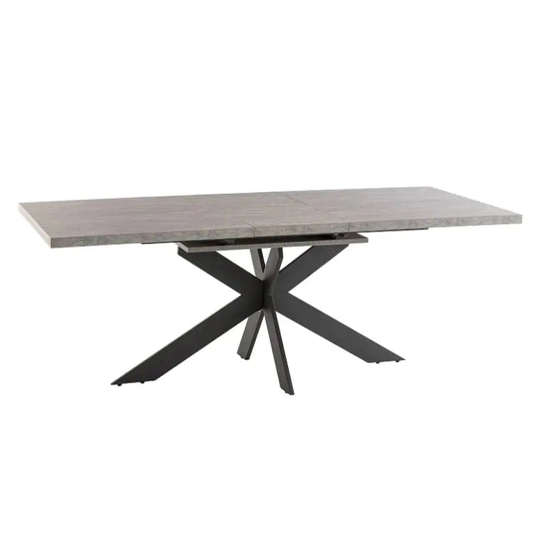 The Rimini Dining Table features a modern rectangular design with a grey stone-coloured melamine top and angled, intersecting black metal legs.