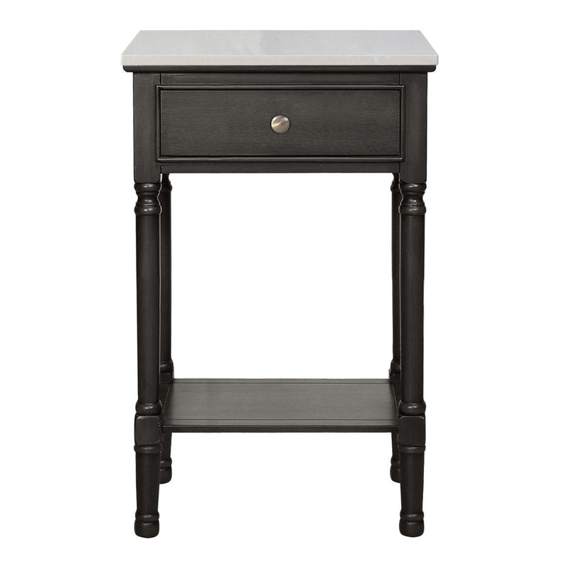 The Russel 1 Drawer Locker is a small black side table featuring a white rectangular top, one drawer with a round knob, a lower shelf, and four turned legs.