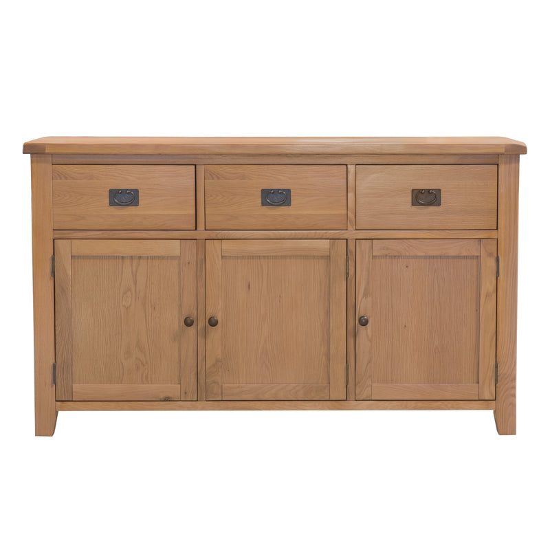 The Saoirse Large Sideboard is a premium wooden piece with three top drawers, three lower cabinet doors, black metal handles, and a natural solid oak finish. Handmade and classic in design, it brings both style and function to your space.