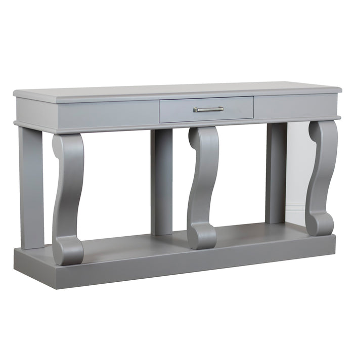 The Large Scroll Console with Drawer features a modern warm grey finish, single central drawer, and three curved vertical supports on a wide rectangular base—ideal as a stylish sideboard for any contemporary room.