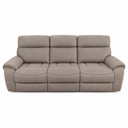 Sheldon Electric Recliner three-seat taupe sofa with segmented back cushions, wide arms, and a built-in USB port.