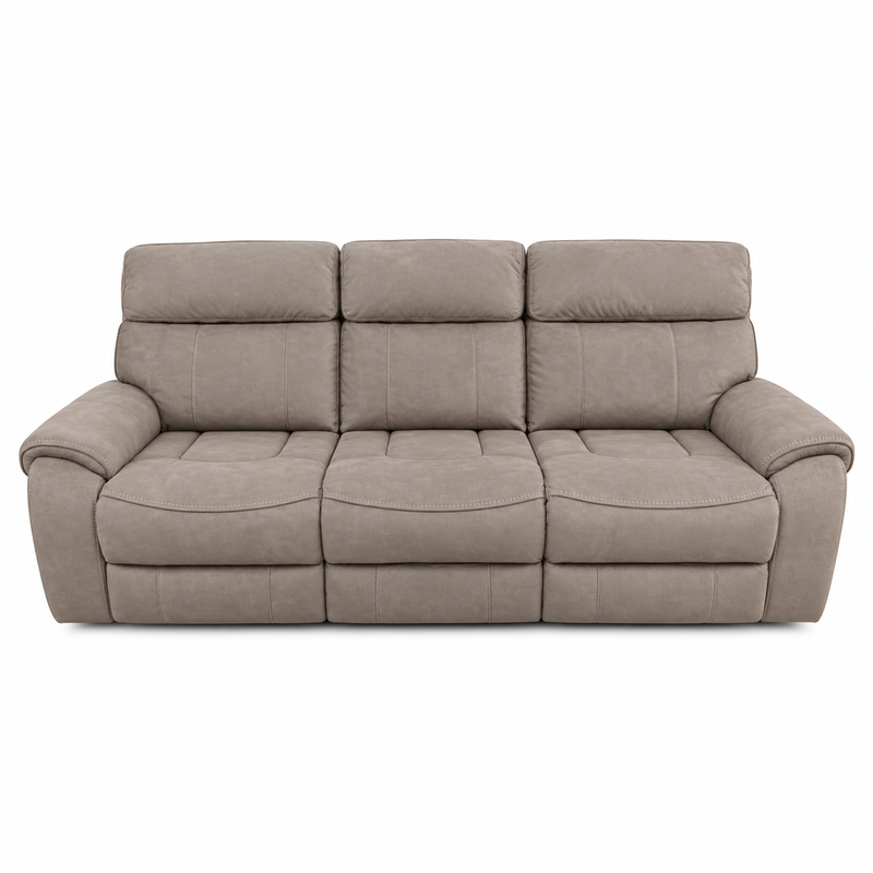 Sheldon Electric Recliner three-seat taupe sofa with segmented back cushions, wide arms, and a built-in USB port.