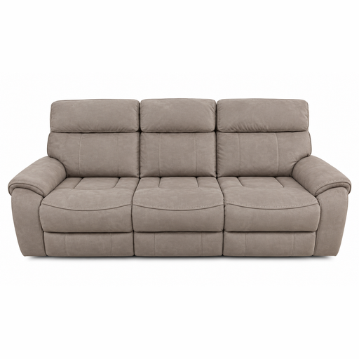 Sheldon Electric Recliner three-seat taupe sofa with segmented back cushions, wide arms, and a built-in USB port.