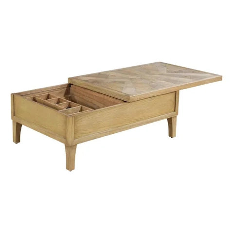 Wooden coffee table with lift-top design on a white background