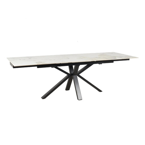 The Sorrento Dining Table is a modern extendable piece with a white marble top and black metal legs in a distinctive angular design.