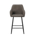 The Enzo Counter Stool features a modern design with a padded gray faux-leather seat with vertical stitching, curved armrests, and four slender black metal legs with a footrest.