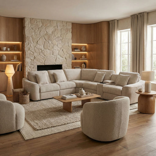 A modern living room featuring the Velora Corner Group, a large beige chenille sectional sofa, paired with round chairs, a stone fireplace, built-in wood shelves, a wooden coffee table, neutral decor accents, and expansive windows dressed with light curtains.